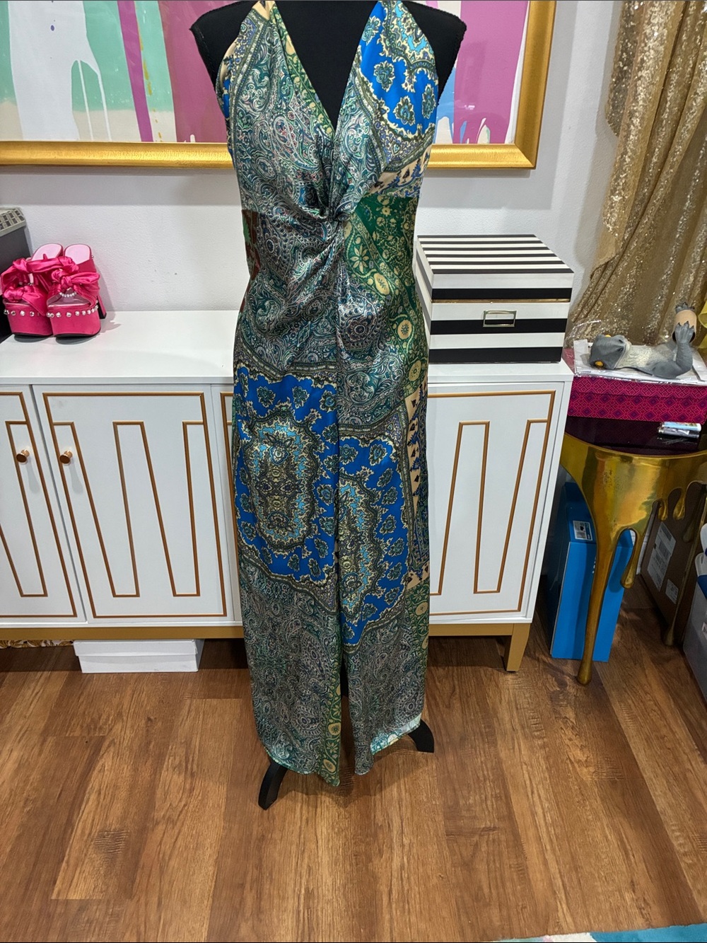 Zara Blue and Green Paisley Halter Jumpsuit